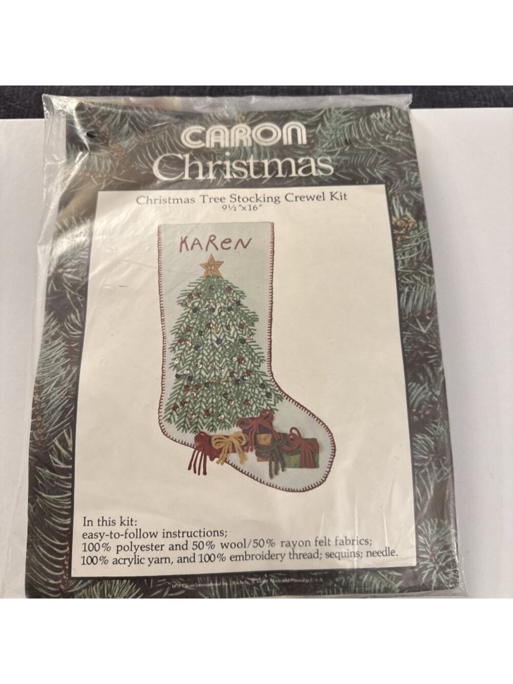Caron Christmas Tree Stocking Crewel Embroidery Kit 6393 Felt Sequins 16" BB37